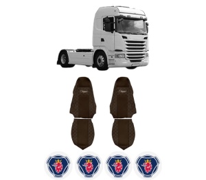 Set Huse Scaune Camion Tir SCANIA G I din 2003-2019, Auto, Model ELEGANCE Q, Culoare Maro, 4x Stickere auto cu SCANIA