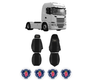 Set Huse Scaune Camion Tir SCANIA G I din 2003-2019, Auto, Model ELEGANCE Q, Culoare Negru/Rosu, 4x Stickere auto cu SCANIA