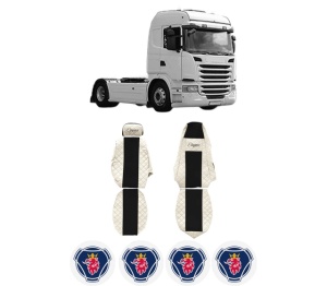 Set Huse Scaune Camion Tir SCANIA G I din 2003-2019, Auto, Model ELEGANCE Q, Culoare Bej, 4x Stickere auto cu SCANIA