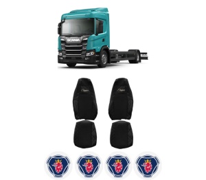 Set Huse Scaune Camion Tir SCANIA G II din 2017-2023, Auto, Model ELEGANCE Q, Culoare Negru, 4x Stickere auto cu SCANIA