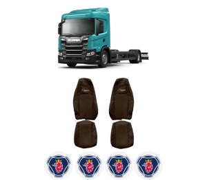 Set Huse Scaune Camion Tir SCANIA G II din 2017-2023, Auto, Model ELEGANCE Q, Culoare Maro, 4x Stickere auto cu SCANIA