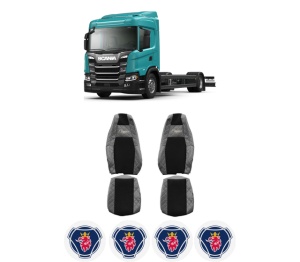 Set Huse Scaune Camion Tir SCANIA G II din 2017-2023, Auto, Model ELEGANCE Q, Culoare Gri, 4x Stickere auto cu SCANIA