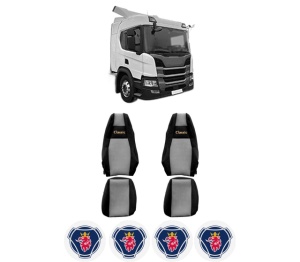 Set Huse Scaune Camion Tir SCANIA P II din 2017-2023, Auto, Model CLASSIC, Culoare Gri, 4x Stickere auto cu SCANIA