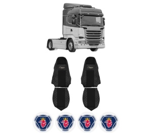 Set Huse Scaune Camion Tir SCANIA R I din 2004-2019, Auto, Model ELEGANCE Q, Culoare Negru, 4x Stickere auto cu SCANIA