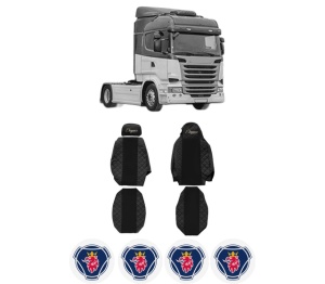 Set Huse Scaune Camion Tir SCANIA R I din 2004-2019, Auto, Model ELEGANCE Q, Culoare Negru, 4x Stickere auto cu SCANIA