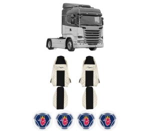Set Huse Scaune Camion Tir SCANIA R I din 2004-2019, Auto, Model ELEGANCE Q, Culoare Bej, 4x Stickere auto cu SCANIA