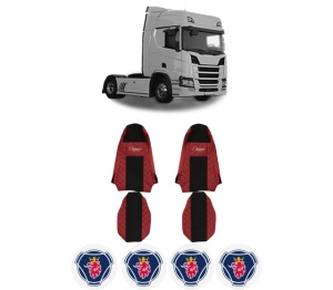 Set Huse Scaune Camion Tir SCANIA R II din 2016-2024, Auto, Model ELEGANCE Q, Culoare Rosu, 4x Stickere auto cu SCANIA