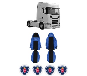 Set Huse Scaune Camion Tir SCANIA S din 2016-2023, Auto, Model ELEGANCE Q, Culoare Albastru, 4x Stickere auto cu SCANIA