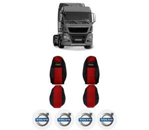 Set Huse Scaune Camion Tir VOLVO TGX I din 2006-2021, Auto, Model CLASSIC, Culoare Rosu, 4x Stickere auto cu VOLVO