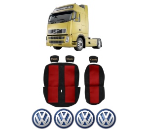 Set Huse Scaune Camion Tir VW FH din 2005-2009, Auto, Model CLASSIC, Culoare Rosu, 4x Stickere auto cu VW