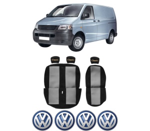Set Huse Scaune Camion Tir VW TRANSPORTER T5 Van (7HA, 7HH, 7EA, 7EH) din 2003-2015, Auto, Model CLASSIC, Culoare Rosu, 4x Stickere auto cu VW