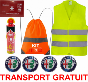 Set Kit siguranta auto cu saculet compact ce contine - Stingator spray 1kg, Trusa Medicala omolgata R.A.R, Vesta Reflectorizanta, Stickere Cadou Alfa Romeo , compatibil cu orice autoturism accesorii pentru autoturismul tau - masina v67728