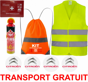 Set Kit siguranta auto cu saculet compact ce contine - Stingator spray 1kg, Trusa Medicala omolgata R.A.R, Vesta Reflectorizanta, Stickere Cadou CITROEN, compatibil cu orice autoturism accesorii pentru autoturismul tau - masina v67708