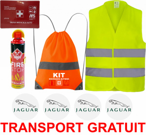 Set Kit siguranta auto cu saculet compact ce contine - Stingator spray 1kg, Trusa Medicala omolgata R.A.R, Vesta Reflectorizanta, Stickere Cadou JAGUAR, compatibil cu orice autoturism accesorii pentru autoturismul tau - masina v67668
