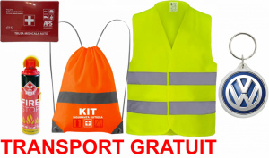 Set Kit siguranta auto cu saculet compact ce contine - Stingator spray 1kg, Trusa Medicala omolgata R.A.R, Vesta Reflectorizanta, Breloc Cadou VOLKSWAGEN, compatibil cu orice autoturism. accesorii pentru autoturismul tau - masina v67398