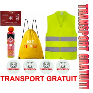 Set Kit siguranta auto cu saculet compact ce contine - Stingator spray 1kg, Trusa Medicala omolgata R.A.R, vesta reflectorizanta, stickere HONDA , compatibil cu orice autoturism