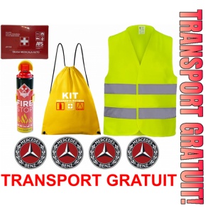 Set Kit siguranta auto cu saculet compact ce contine - Stingator spray 1kg, Trusa Medicala omolgata R.A.R, vesta reflectorizanta, stickere MERCEDES , compatibil cu orice autoturism