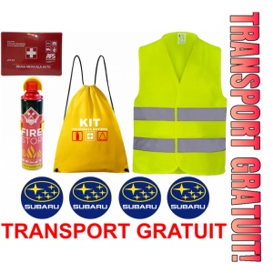 Set Kit siguranta auto cu saculet compact ce contine - Stingator spray 1kg, Trusa Medicala omolgata R.A.R, vesta reflectorizanta, stickere cadou SUBARU , compatibil cu orice autoturism