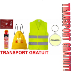 Set Kit siguranta auto cu saculet compact ce contine - Stingator spray 1kg, Trusa Medicala omolgata R.A.R, vesta reflectorizanta, Breloc cadou CHRYSLER , compatibil cu orice autoturism