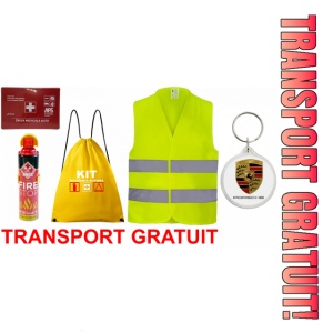 Set Kit siguranta auto cu saculet compact ce contine - Stingator spray 1kg, Trusa Medicala omolgata R.A.R, vesta reflectorizanta, Breloc cadou PORSCHE , compatibil cu orice autoturism
