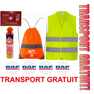Set Kit siguranta auto cu saculet compact ce contine - Stingator spray 1kg, Trusa Medicala omolgata R.A.R, Vesta Reflectorizanta, Stickere Cadou DAF, compatibil cu orice autoturism