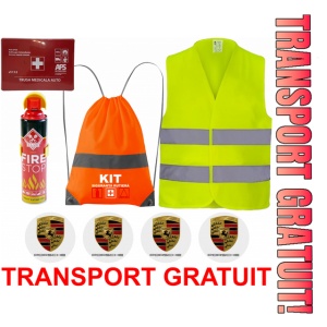 Set Kit siguranta auto cu saculet compact ce contine - Stingator spray 1kg, Trusa Medicala omolgata R.A.R, Vesta Reflectorizanta, Stickere Cadou PORSCHE, compatibil cu orice autoturism