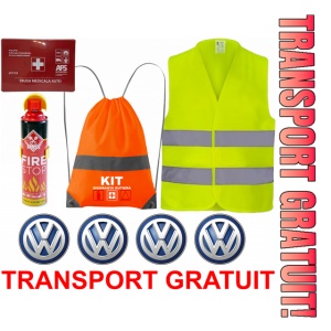 Set Kit siguranta auto cu saculet compact ce contine - Stingator spray 1kg, Trusa Medicala omolgata R.A.R, Vesta Reflectorizanta, Stickere Cadou VOLKSWAGEN, compatibil cu orice autoturism
