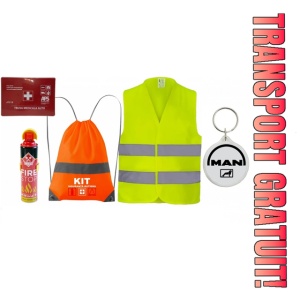 Set Kit siguranta auto cu saculet compact ce contine - Stingator spray 1kg, Trusa Medicala omolgata R.A.R, Vesta Reflectorizanta, Breloc Cadou MAN, compatibil cu orice autoturism.