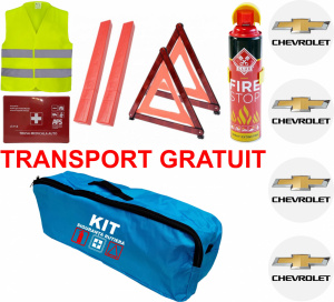 Set Kit siguranta auto omologat R.A.R, Stingator cu manometru 1kg P1 , Trusa Medicala, 2 Triunghiuri Reflectorizante, Stickere Cadou CHEVROLET, geanta color - albastra - kit compatibil cu orice autoturism accesorii pentru autoturismul tau - masina v66009