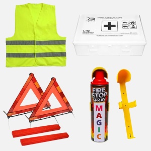 Set Kit siguranta auto omologat R.A.R, Stingator cu manometru 1kg P1 , Trusa Medicala, 2 Triunghiuri Reflectorizante, Stickere Cadou BMW, geanta color - ROSIE- kit compatibil cu orice autoturism - Img 6