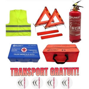 Set Kit siguranta auto omologat R.A.R, Stingator cu manometru 1kg P1 , Trusa Medicala, 2 Triunghiuri Reflectorizante, Stickere Cadou CITROEN, geanta color - albastra - kit compatibil cu orice autoturism