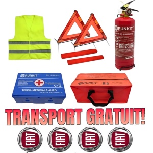 Set Kit siguranta auto omologat R.A.R, Stingator cu manometru 1kg P1 , Trusa Medicala, 2 Triunghiuri Reflectorizante, geanta color - albastra + Stickere Cadou FIAT- kit compatibil cu orice autoturism