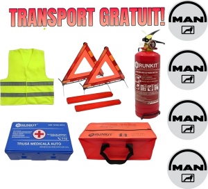 Set Kit siguranta auto omologat R.A.R, Stingator cu manometru 1kg P1 , Trusa Medicala, 2 Triunghiuri Reflectorizante, geanta color - albastra + Stickere Cadou MAN- kit compatibil cu orice autoturism