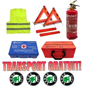 Set Kit siguranta auto omologat R.A.R, Stingator cu manometru 1kg P1 , Trusa Medicala, 2 Triunghiuri Reflectorizante, geanta color - albastra + Stickere Cadou SKODA- kit compatibil cu orice autoturism