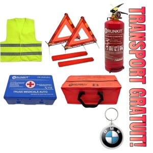 Set Kit siguranta auto omologat R.A.R, Stingator cu manometru 1kg P1 , Trusa Medicala, 2 Triunghiuri Reflectorizante, geanta color - albastra + Breloc Cadou BMW- kit compatibil cu orice autoturism