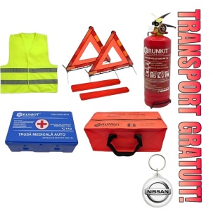 Set Kit siguranta auto omologat R.A.R, Stingator cu manometru 1kg P1 , Trusa Medicala, 2 Triunghiuri Reflectorizante, geanta color - albastra + Breloc Cadou NISSAN- kit compatibil cu orice autoturism