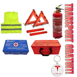 Set Kit siguranta auto omologat R.A.R, Stingator cu manometru 1kg P1 , Trusa Medicala, 2 Triunghiuri Reflectorizante, geanta color - albastra + Breloc Cadou TESLA- kit compatibil cu orice autoturism