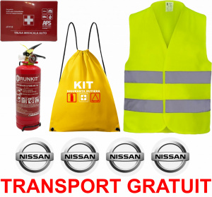Set Kit siguranta auto OMOLOGAT RAR cu saculet compact ce contine - Stingator cu manometru P1 1kg, Trusa Medicala , Vesta Reflectorizanta, Stickere Cadou NISSAN. Compatibil cu orice autoturism. accesorii pentru autoturismul tau - masina v67928