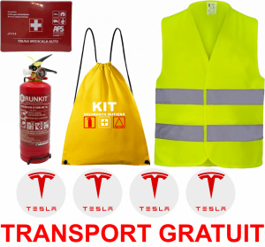 Set Kit siguranta auto OMOLOGAT RAR cu saculet compact ce contine - Stingator cu manometru P1 1kg, Trusa Medicala , Vesta Reflectorizanta, Stickere Cadou TESLA. Compatibil cu orice autoturism. accesorii pentru autoturismul tau - masina v67888