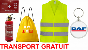 Set Kit siguranta auto OMOLOGAT RAR cu saculet compact ce contine - Stingator cu manometru P1 1kg, Trusa Medicala , Vesta Reflectorizanta, Breloc Cadou DAF . Compatibil cu orice autoturism. accesorii pentru autoturismul tau - masina v67848