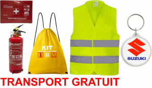 Set Kit siguranta auto OMOLOGAT RAR cu saculet compact ce contine - Stingator cu manometru P1 1kg, Trusa Medicala , Vesta Reflectorizanta, Breloc Cadou SUZUKI. Compatibil cu orice autoturism. accesorii pentru autoturismul tau - masina v67748