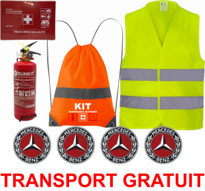 Set Kit siguranta auto OMOLOGAT RAR cu saculet compact ce contine - Stingator cu manometru P1 1kg, Trusa Medicala , Vesta Reflectorizanta, Stickere Cadou MERCEDES. Compatibilitate cu orice autoturism accesorii pentru autoturismul tau - masina v67278