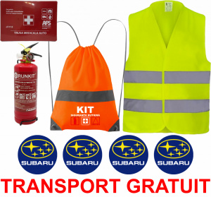 Set Kit siguranta auto OMOLOGAT RAR cu saculet compact ce contine - Stingator cu manometru P1 1kg, Trusa Medicala , Vesta Reflectorizanta, Stickere Cadou SUBARU. Compatibilitate cu orice autoturism accesorii pentru autoturismul tau - masina v67238