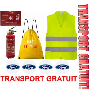 Set Kit siguranta auto OMOLOGAT RAR cu saculet compact ce contine - Stingator cu manometru P1 1kg, Trusa Medicala , Vesta Reflectorizanta, Stickere Cadou FORD. Compatibil cu orice autoturism.