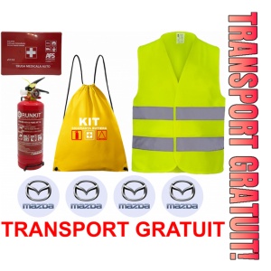 Set Kit siguranta auto OMOLOGAT RAR cu saculet compact ce contine - Stingator cu manometru P1 1kg, Trusa Medicala , Vesta Reflectorizanta, Stickere Cadou MAZDA. Compatibil cu orice autoturism.