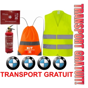 Set Kit siguranta auto OMOLOGAT RAR cu saculet compact ce contine - Stingator cu manometru P1 1kg, Trusa Medicala , Vesta Reflectorizanta, Stickere Cadou BMW. Compatibilitate cu orice autoturism