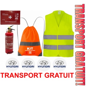 Set Kit siguranta auto OMOLOGAT RAR cu saculet compact ce contine - Stingator cu manometru P1 1kg, Trusa Medicala , Vesta Reflectorizanta, Stickere Cadou HYUNDAI. Compatibilitate cu orice autoturism