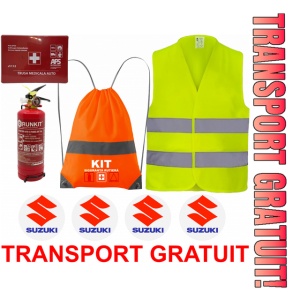 Set Kit siguranta auto OMOLOGAT RAR cu saculet compact ce contine - Stingator cu manometru P1 1kg, Trusa Medicala , Vesta Reflectorizanta, Stickere Cadou SUZUKI. Compatibilitate cu orice autoturism