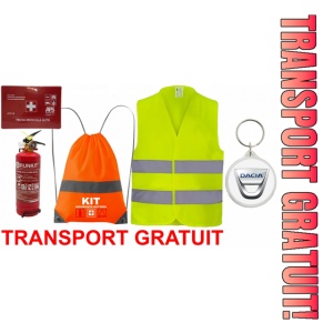 Set Kit siguranta auto OMOLOGAT RAR cu saculet compact ce contine - Stingator cu manometru P1 1kg, Trusa Medicala , Vesta Reflectorizanta, Breloc Cadou DACIA. Compatibilitate cu orice autoturism