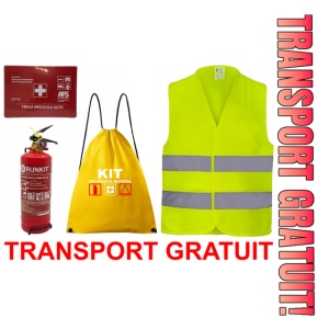 Set Kit siguranta auto OMOLOGAT RAR cu saculet compact ce contine - Stingator cu manometru P1 1kg, Trusa Medicala , Vesta Reflectorizanta. Compatibil cu orice autoturism.